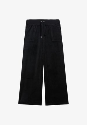 Schwarze weit geschnittene Hosen aus weichem Material, mit einem Kordelzugbund, zwei Vordertaschen und einem dezenten Logo-Detail.