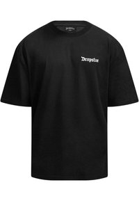 Schwarzes Baumwoll-T-Shirt mit kurzen Ärmeln, Rundhalsausschnitt und weißem "Dropsize"-Textlogo auf der linken Brustseite. Glatte Textur. Klassische Passform.