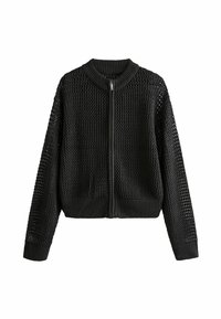 Schwarzer gestrickter Cardigan mit Reißverschluss, einem runden Ausschnitt und einem strukturierten offenen Webdesign sowie gerippten Bündchen und Saum.