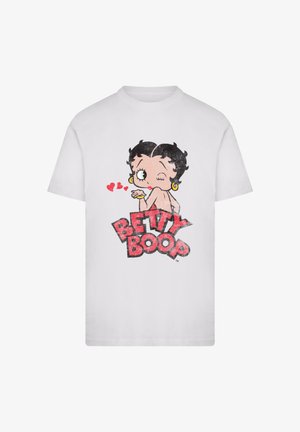 White cotton t-shirt featuring a colorful graphic of Betty Boop, with red text and hearts, showcasing a playful design with vintage appeal.