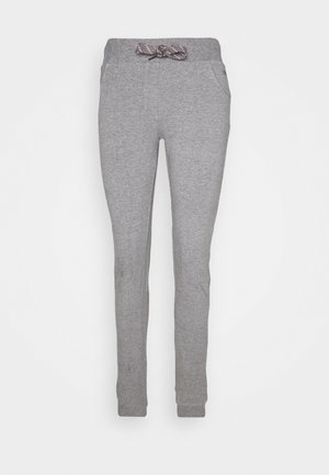 Jogging slim-fit gris clair avec taille élastique et cordon de serrage rayé blanc, poches latérales et chevilles côtelées.