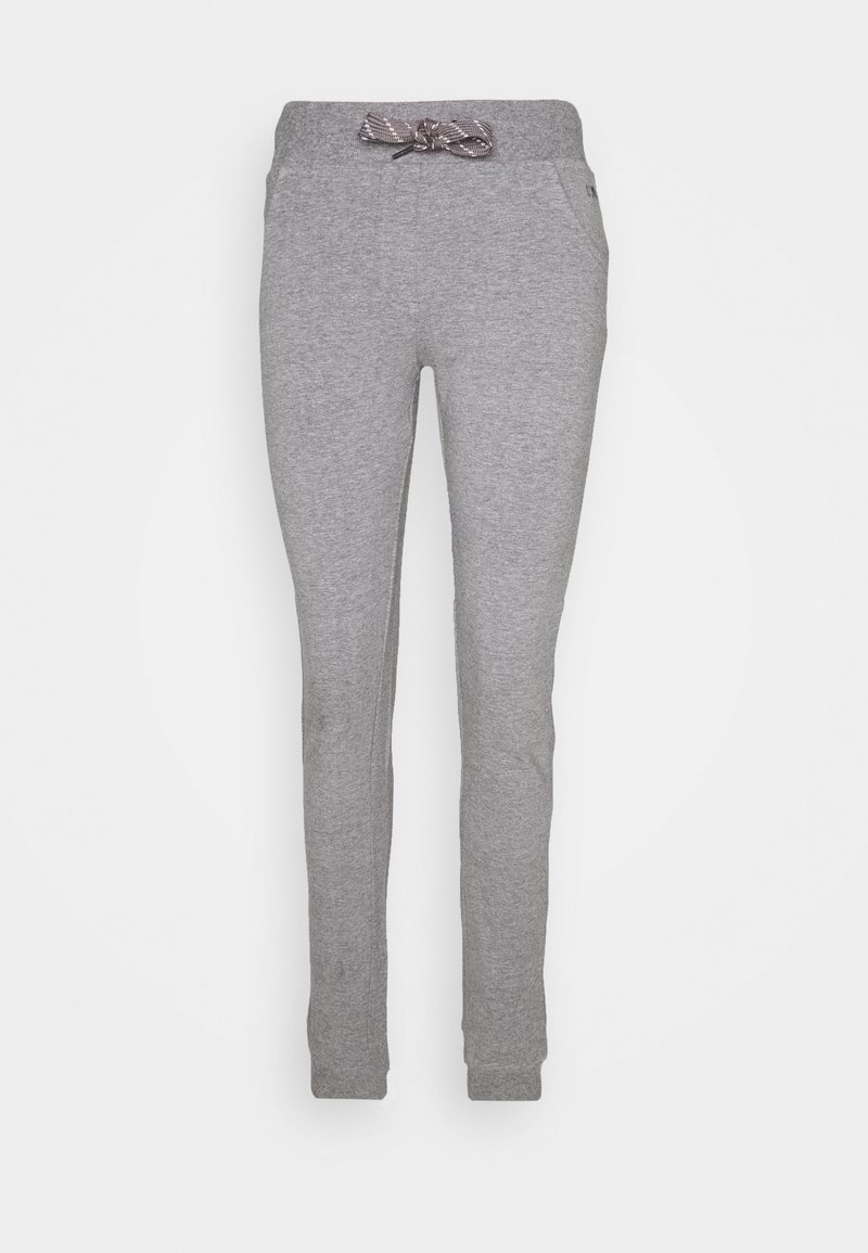 Hellgraue Slim-Fit-Sweatpants mit elastischem Bund und weißem Kordelzug, seitlichen Taschen und gerippten Knöcheln.