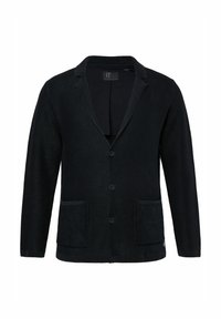 Schwarze Strickjacke aus strukturiertem Strickstoff, mit Reverskragen, drei Knöpfen und zwei Vordertaschen.