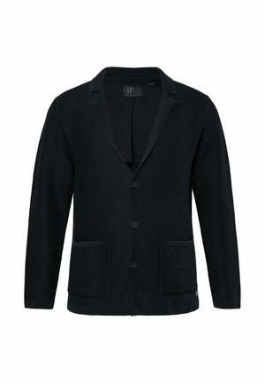 Schwarze Strickjacke aus strukturiertem Strickstoff, mit Reverskragen, drei Knöpfen und zwei Vordertaschen.