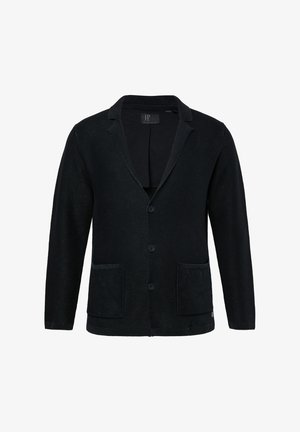 Cardigan noir en tissu tricoté texturé, avec un col à revers, trois boutons et deux poches avant.