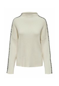 Maglione a coste crema con un collo alto e accenti a righe nere lungo le maniche. Tessuto morbido, vestibilità ampia e design di lunghezza intermedia.