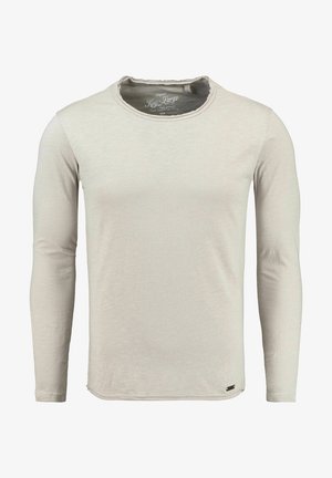 Hellgraues Langarmshirt mit Rundhalsausschnitt, strukturiertem Stoff und rohem Saumdetail am Kragen. Mit einem kleinen Markenetikett am Saum.