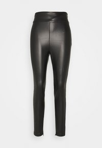 Mustat tekonahkalegginsit, joissa on korkea vyötärö, kapea istuvuus ja sileä pinta; niissä on hienovarainen kiilto ja nilkkapituiset leikkaukset.