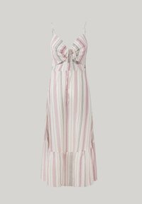 Dryžuota vasarinė suknelė su plonomis petnešėlėmis, priekinio rišimo detale ir platėjančiu apdailos kraštu. Spalvos: balta, rožinė ir pilka. Pagaminta iš lengvos medžiagos.