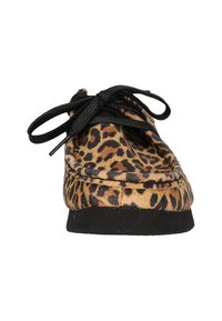 Leopard print loafers with black laces, suede upper, rounded toe shape, and a textured black rubber sole.