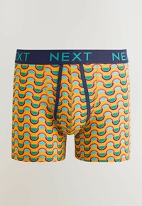 Chiloți tip boxer pentru bărbați cu bază portocalie și model semicerc colorat multicolor, talie bleumarin cu logo turcoaz "NEXT".