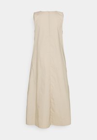 Robe sans manches beige au silhouette droite, dotée d'une fermeture éclair au dos, d'une texture lisse et d'un design minimaliste.