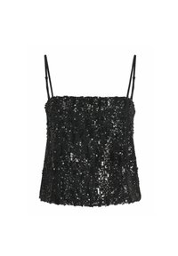Top nero con paillettes, spalline sottili regolabili, vestibilità ampia, texture unica data da paillettes multiple e design con scollatura dritta.