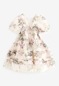 Cvetlična obleka iz svetle kremaste tkanine z napihnjenimi rokavi in zavezovanjem na zadnji strani. Ponuja plasti cvetličnih vzorcev v rožnatih in zelenih odtenkih.