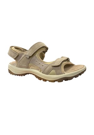 Beige Wildleder-Sandale für den Außenbereich mit verstellbaren Klettverschlüssen und robuster Sohle, die für Komfort und guten Halt sorgt.