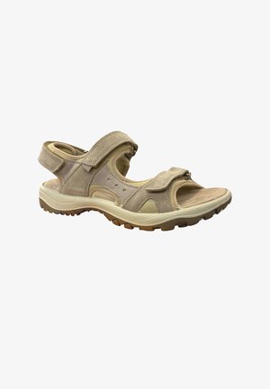 Beige Wildleder-Sandale für den Außenbereich mit verstellbaren Klettverschlüssen und robuster Sohle, die für Komfort und guten Halt sorgt.