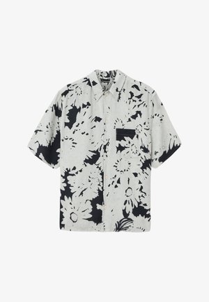 Camicia a maniche corte con bottoni in grigio chiaro con grande stampa floreale nera, caratterizzata da una tasca sul petto e da un design con colletto classico.