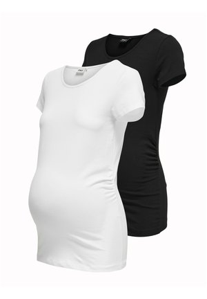 Twee zwangerschaps T-shirts: één wit en één zwart. Elk heeft een ronde halslijn en zijrimpeling voor rek en comfort. Zachte stoftextuur.