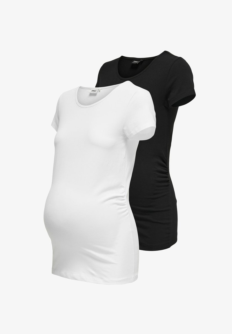Duas camisetas de maternidade: uma branca e uma preta. Ambas têm um decote redondo e franzidos laterais para conforto e elasticidade. Tecido suave.