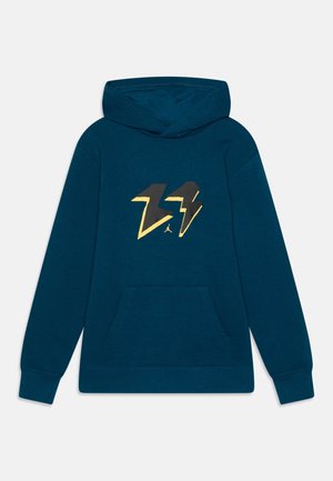 Sweat à capuche bleu sarcelle foncé avec poche avant et graphique d'éclair jaune et noir centré sur la poitrine.