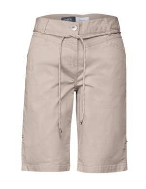 Beige shorts made of lightweight fabric, featuring a drawstring waist, side pockets, and stitched detailing. Ends just above the knee.