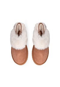 Stivali slip-on in suede marrone con collare in finta pelliccia bianca, dotati di punta arrotondata e suola piatta in gomma, che mettono in risalto un design semplice e accogliente.