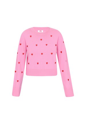 Rosa gestrickter Pullover mit einem verkürzten Design, langen Ärmeln und verstreuten roten Herzen. Gerippte Bündchen und Saum.