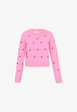 Rosa gestrickter Pullover mit einem verkürzten Design, langen Ärmeln und verstreuten roten Herzen. Gerippte Bündchen und Saum.