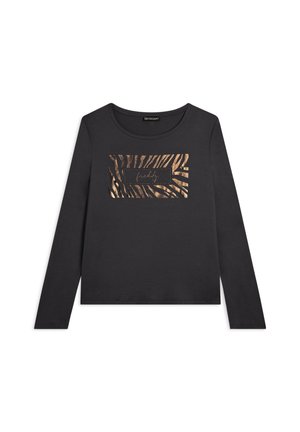 T-shirt nero a maniche lunghe con un design a strisce di zebra dorate metalliche e la scritta "freddy" all'interno di un rettangolo. Tessuto morbido.