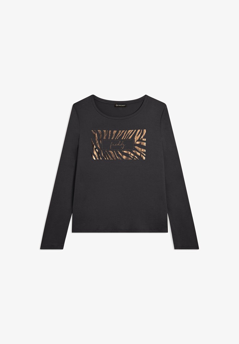 T-shirt noir à manches longues présentant un motif de rayures de zèbre dorées métalliques et le texte "freddy" à l'intérieur d'un rectangle. Tissu doux.