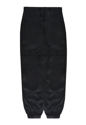 Pantaloni jogger in raso nero con vita elastica e polsini alle caviglie, con vestibilità rilassata e dettagli cuciti sui pannelli discreti.