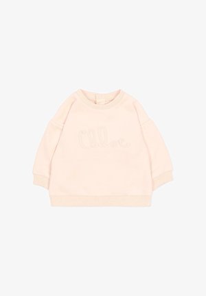 Morbida felpa per bambini a maniche lunghe di colore rosa tenue con polsini e orlo a costine, con il logo "Chloe" in rilievo discreto sul davanti.