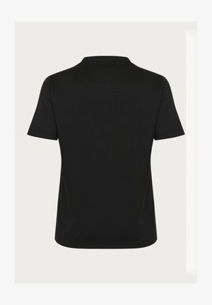 Black short-sleeve polo shirt featuring a classic collar and smooth, woven texture. The back is plain with no visible graphics or embellishments.