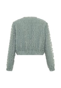 Avkortad jacka i mjuk gröntt tyg, med texturerade blommönster och elastiska ärmar. Broderad design täcker hela ytan.