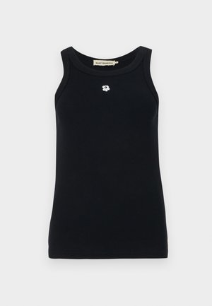 Black tank top made of ribbed fabric, featuring a round neckline and a small white flower emblem on the front. Sleeveless design.