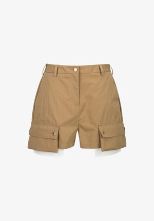 Khaki cargoshorts met klepzakken aan de zijkanten die met knopen zijn afgesloten en zichtbare witte binnenlagen van stof onder de zoom.