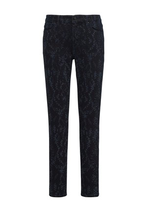 Donkerblauwe jeans met een subtiel textuurpatroon, met een klassiek vijf-pocket ontwerp en een ritssluiting. Gemaakt van een katoenen mix.