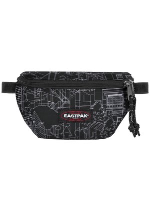 Marsupio Eastpak nero con design a linee della mappa della città bianca, chiusura con doppia cerniera e patch logo rosso sul davanti.