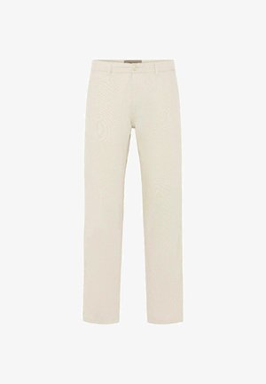 Off-white bukser med lige ben, bæltestropper, knaplukning og enkel frontdesign mod en hvid baggrund.