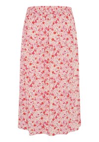 Jupe fleurie, fond rose clair avec motifs floraux rouges et roses, taille élastique, longueur genoux, et texture de tissu fluide.