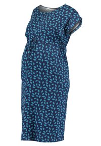 Sukienka ciążowa w kolorze granatowym z wzorem jasnoniebieskich liści, krótki rękaw, luźny krój oraz ściągacz w talii do regulacji.