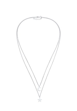 Colier cu două lanțuri de culoare argintie, cu pandantive în formă de lună crescătoare și stea, design elegant și finisaj lucios.