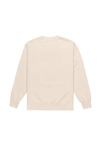 Sudadera de color beige claro con cuello redondo y mangas largas. Presenta puños y dobladillo acanalados, textura suave y diseño minimalista.