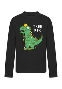 Melna garā piedurkne krekls, kas attēlo karikatūras zaļu dinozauru, izrotātu ar krāsainām lampiņām, ar dzeltenu zvaigzni uz galvas un uzrakstu "TREE REX."