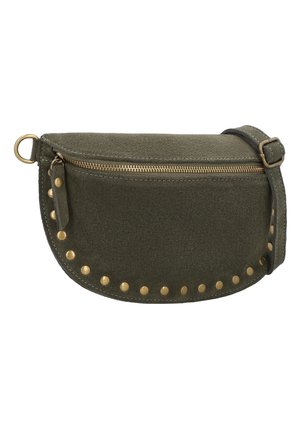 Olive green suede crossbody bag with gold zipper, adjustable strap, and gold round studs along the front bottom edge.