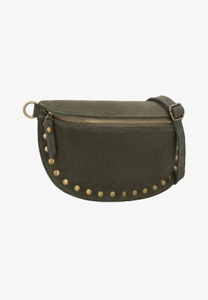 Olive green suede crossbody bag with gold zipper, adjustable strap, and gold round studs along the front bottom edge.