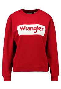 Sudadera roja de algodón con un cuello redondo cl�ásico. Presenta un logo rectangular blanco con "Wrangler" en fuente roja en el pecho.