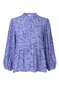 Blouse violette avec un motif abstrait noir texturé, dotée d'un col montant, d'une fermeture à boutons et de manches longues bouffantes.