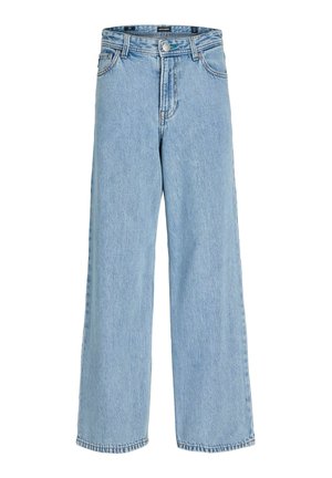 Jean bleu clair taille haute à jambes larges avec fermeture devant par boutons et zip, et passants pour ceinture.