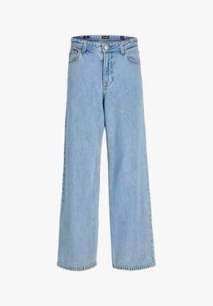 Jeans azzurri chiari a vita alta e gamba larga con chiusura frontale con bottoni e cerniera e passanti per cintura.